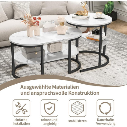 Bijzettafels – Koffietafel – Salontafel – Woonkamertafel – Opbergtafel – Set van 2 Ronde en Ovale Tafels – Houten Blad en Stabiel Metalen Frame