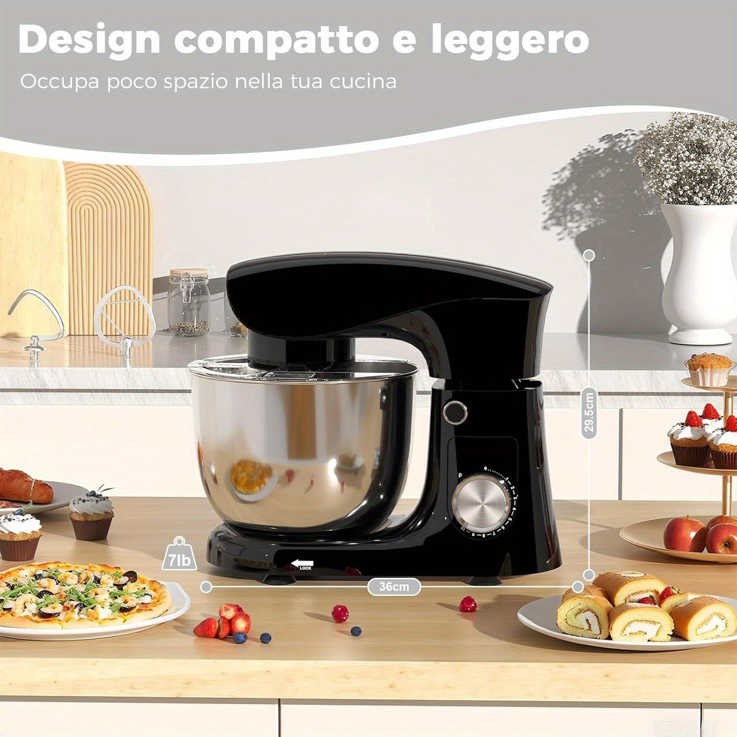 Stand Mixer, 4.5+5.5L Two Stainless Steel Bowls, 10+P Speed 1500W Tilt-Head Food Mixer with Dough Hook, Beater & Whisk