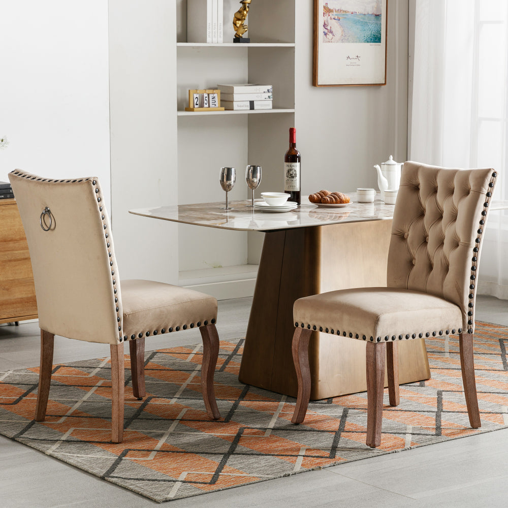 Eetkamerstoel – Stoel – Kuipstoel – Dining Chair – Draaistoel – Set Van 2 – Beige Bruin – Fluwelen Bekleding – Zwart Nagelrand – Gemakkelijk Schoon Te Maken