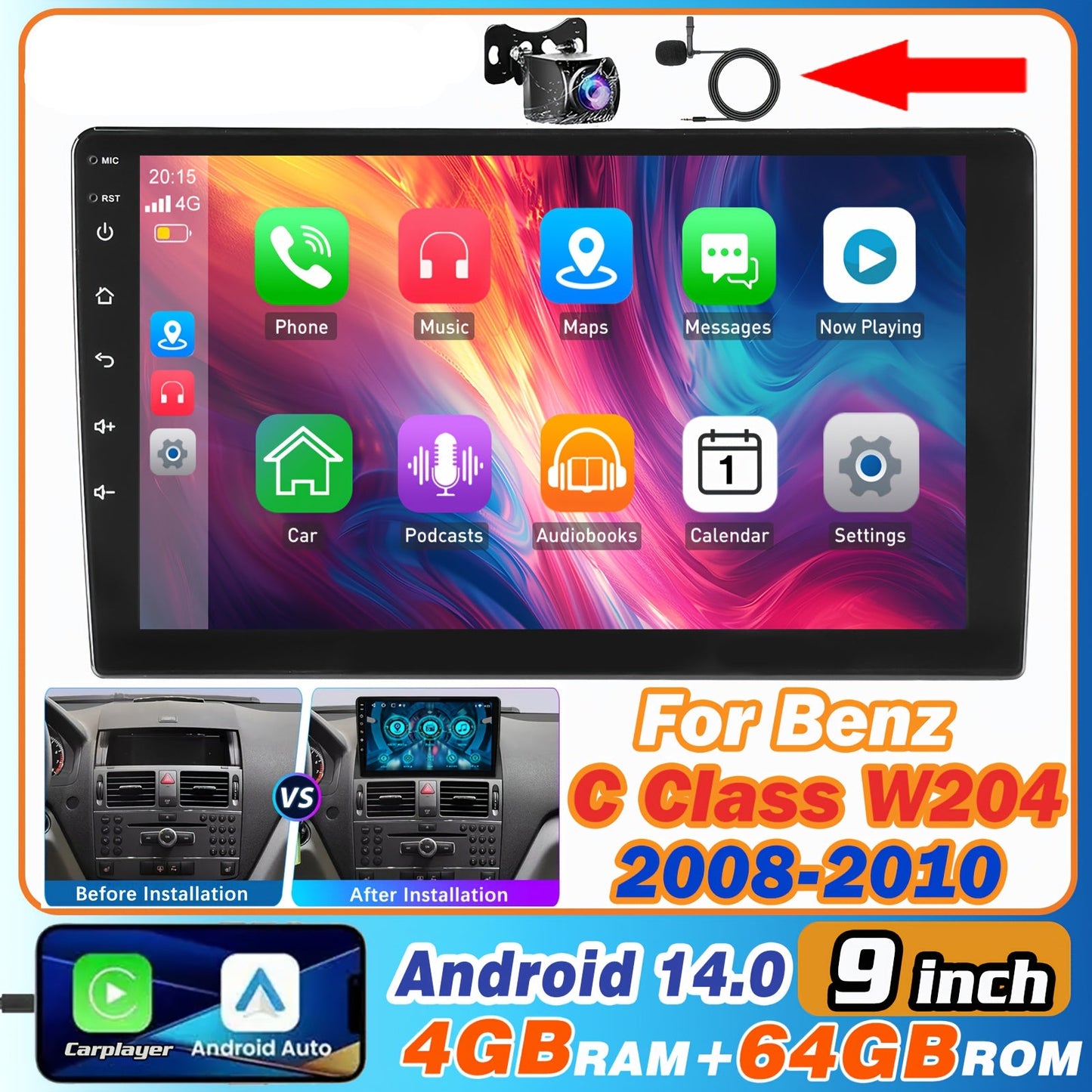 Android Car Stereo – Auto Multimedia Speler – Navigatie Systeem – Autoradio 2-DIN – Met AHD Camera & Microfoon – 9 Inch IPS Touchscreen – Android 14.0 Systeem