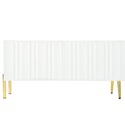 TV Meubel – TV Lowboard – TV Kast – TV Board – Mediameubel – Wit Met Groeven – 4 Deuren Met 8 Opbergvakken – Gouden Metalen Poten – 190x38x48 cm