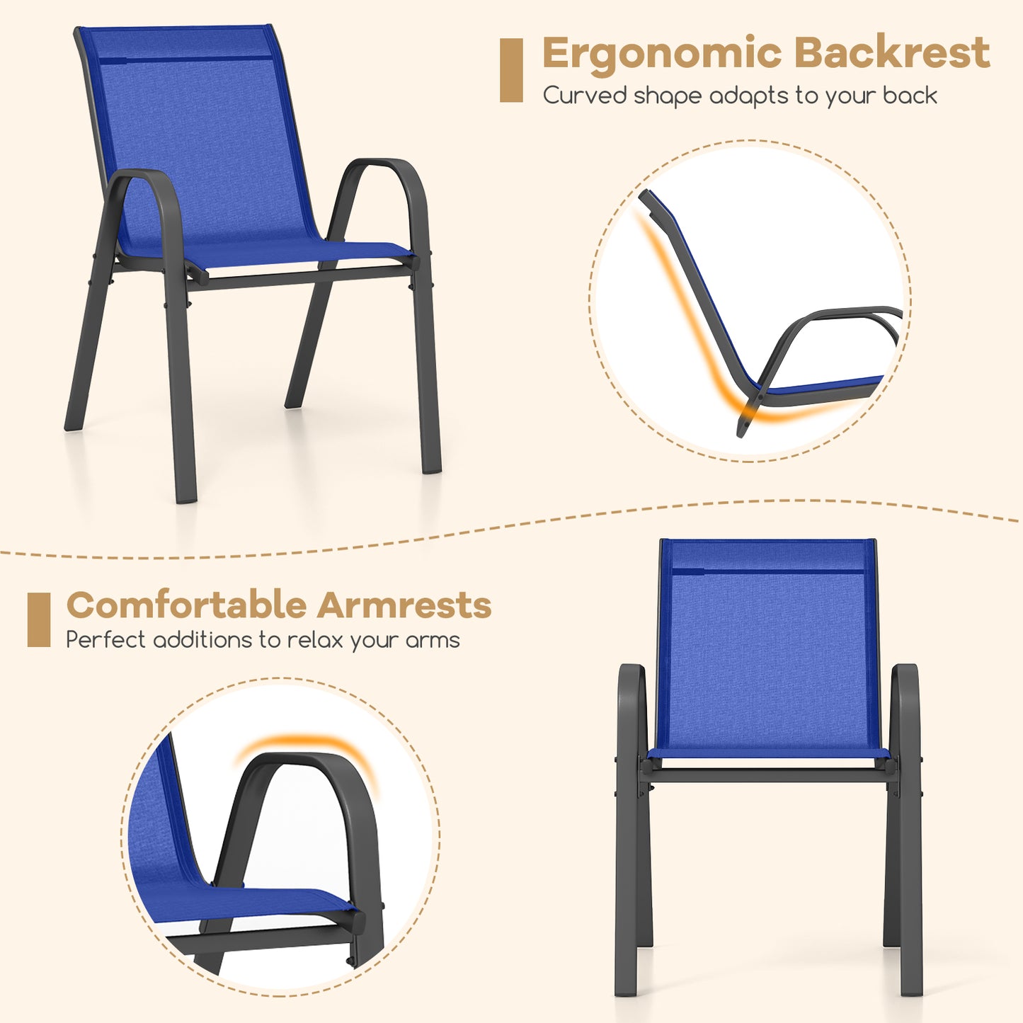 Tuinstoelen – Stapelbare Tuinstoelen – Terrasstoelen – Balkonstoelen – Buitenstoelen – Comfortabele Hoge Rugleuning – Weerbestendig Metalen Frame