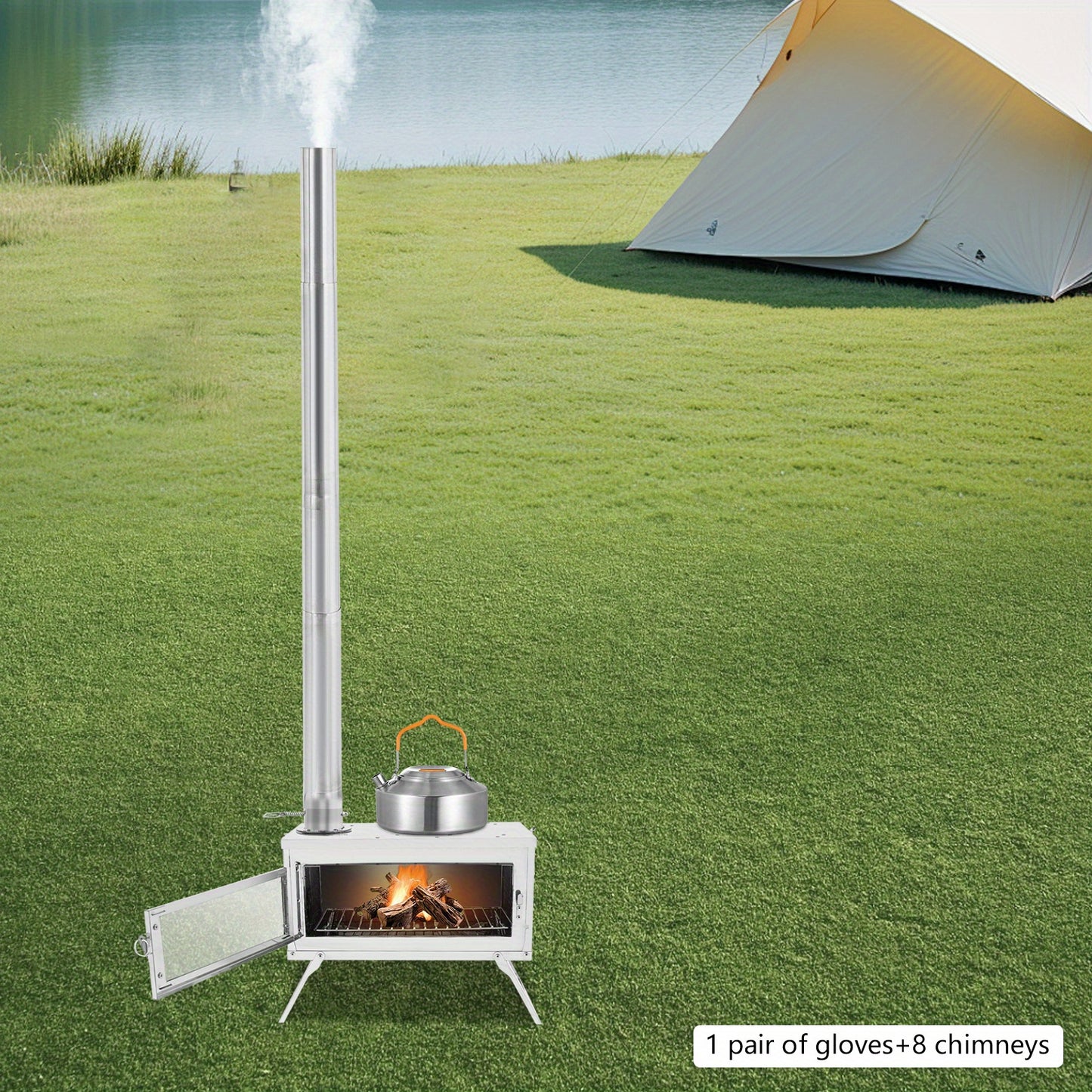 Houtkachel – Campingkachel – Tentkachel – Outdoorkachel – Backpacking Kachel – Roestvrijstaal – Compact & Draagbaar – Inclusief 8 Schoorsteenpijpen & Handschoenen