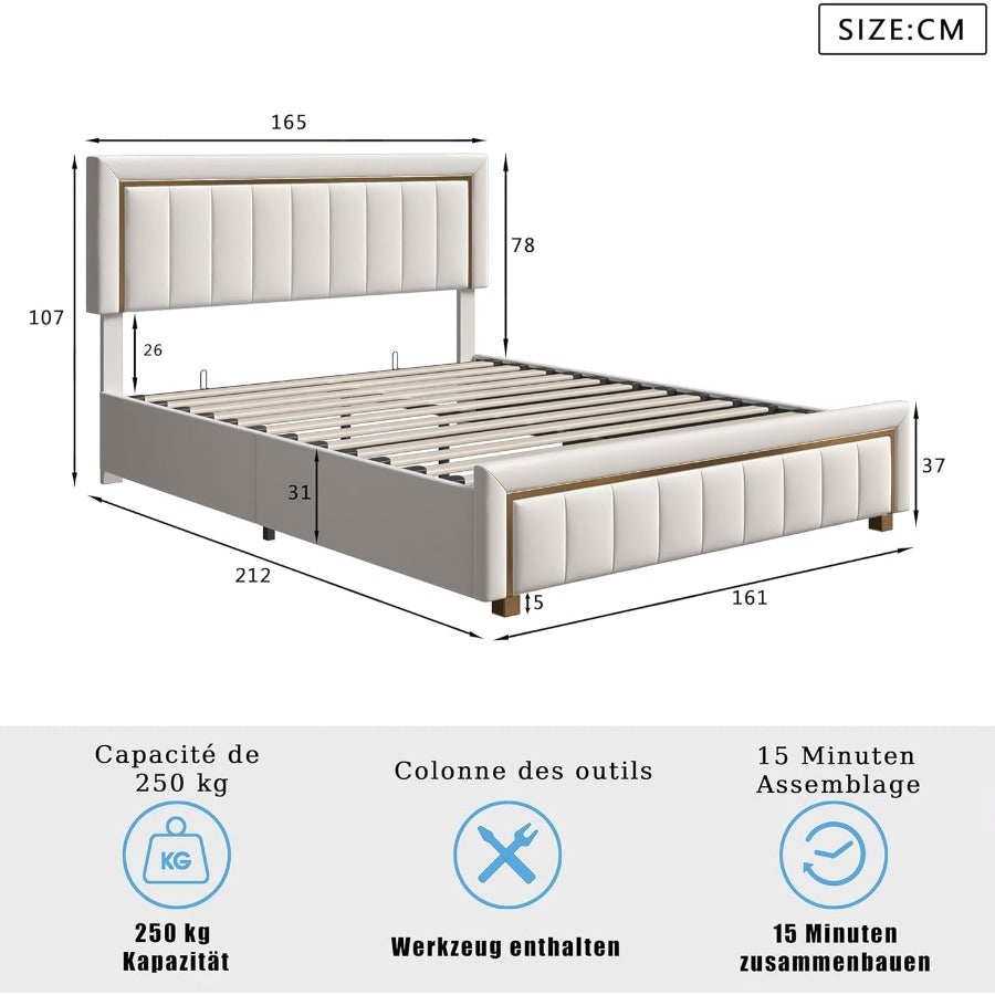 Fluwelen Bed – Bedframe – Opbergbed – Boxspringbed – Slaapbed – Beige Velvet – 160x200 cm – Hydraulische Opbergruimte – Stevige Houten Latten