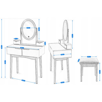 Kaptafel – Make-uptafel – Toilette – Schminktisch – Schoonheidstafel – LED-Verlichte Spiegel – 4 Lades – Mat Wit Met Beuken Hout
