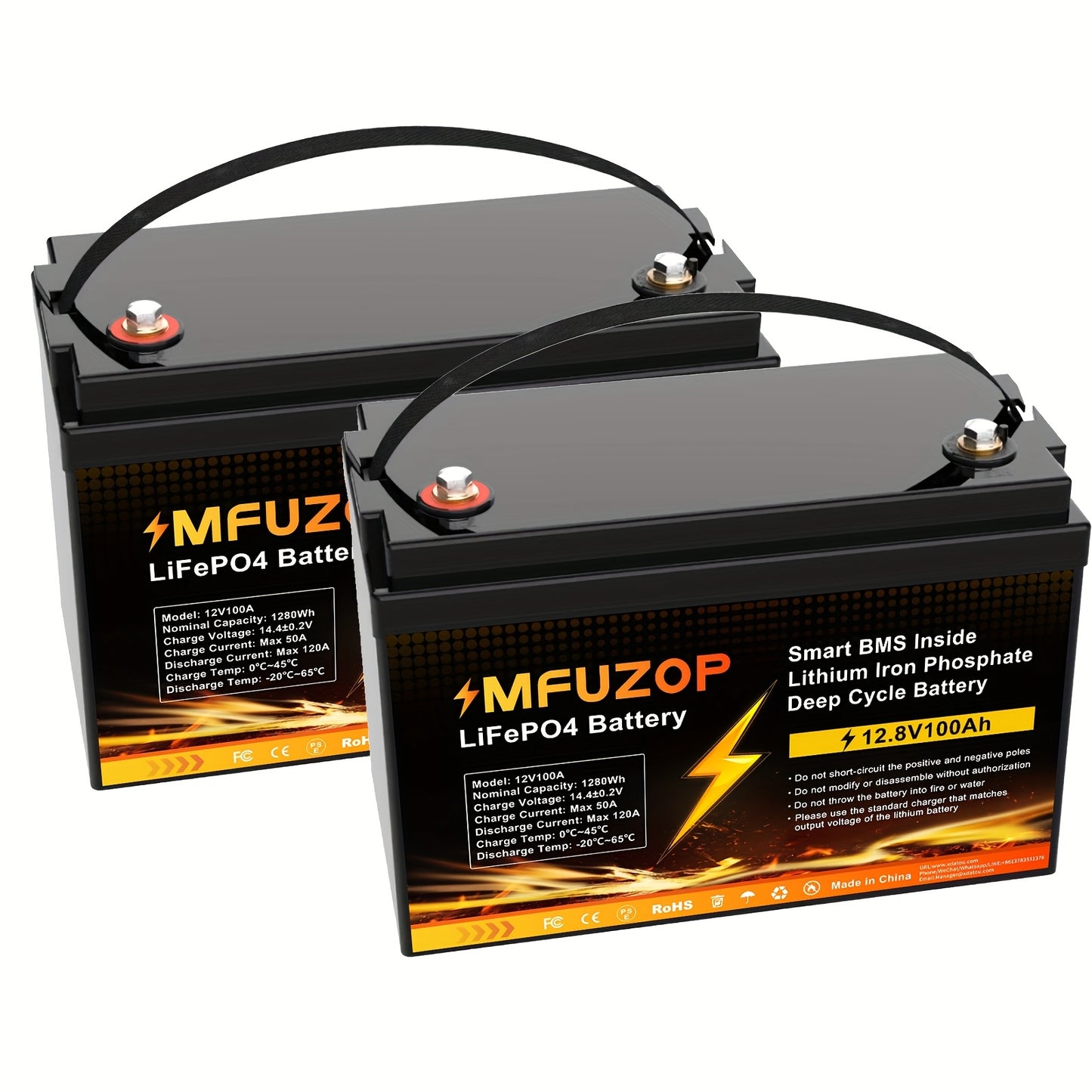 LiFePO4 Accu – Lithium Batterij – 2 Stuks - Lithium-ijzerfosfaat Accu – Camping Accu – Bootaccu – 12.8V 100Ah – Onderhoudsvrij – Snelle Oplaadfunctie