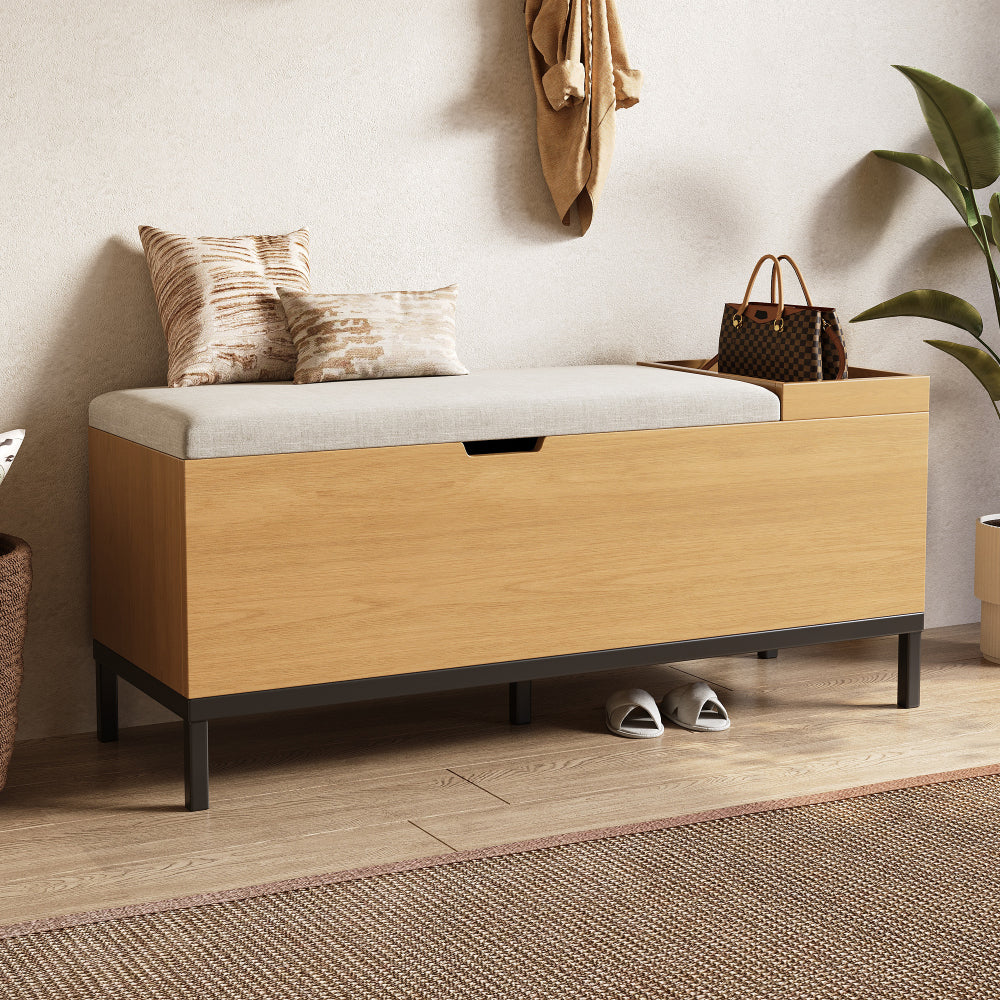 Opbergbank – Zitbank – Opbergbox – Halbank – Opbergkist – MDF Materiaal – Kantelbeveiliging – Comfortabele Zitting – 115x40x49,5 cm – Beige/Lichtgrijs