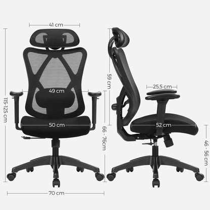 Ergonomische Bureaustoel – Bureaustoel Set – Computerstoel – Mesh Stoel – Verstelbare Rugleuning – Lendensteun en Hoofdsteun – Draagkracht 150 kg – Zwart