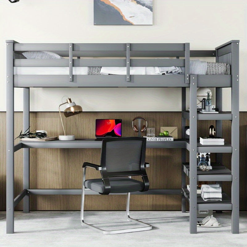Hoogslaper – Loftbed – Stapelbed – Kinderbed – Eenpersoonsbed – Met Bureau en Opbergrekken – Metalen Stijlvol Frame – Ruimtebesparend Design – Grijs – Stevig en Duurzaam