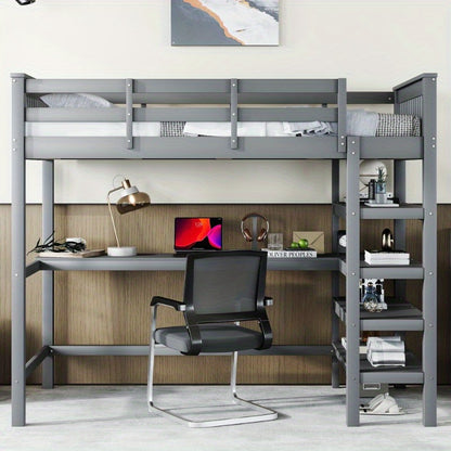 Hoogslaper – Loftbed – Stapelbed – Kinderbed – Eenpersoonsbed – Met Bureau en Opbergrekken – Metalen Stijlvol Frame – Ruimtebesparend Design – Grijs – Stevig en Duurzaam