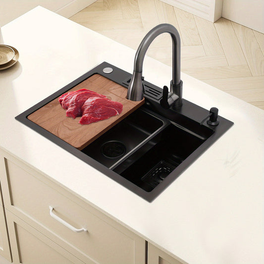 OUKANING Kitchen Sink with 360° Rotatable Pull-out Faucet, Stainless Steel Sink with Chopping Board & Soap Dispenser, Stainless Steel Sink Set, for Home/ Hotel/ Restaurant/ Bar