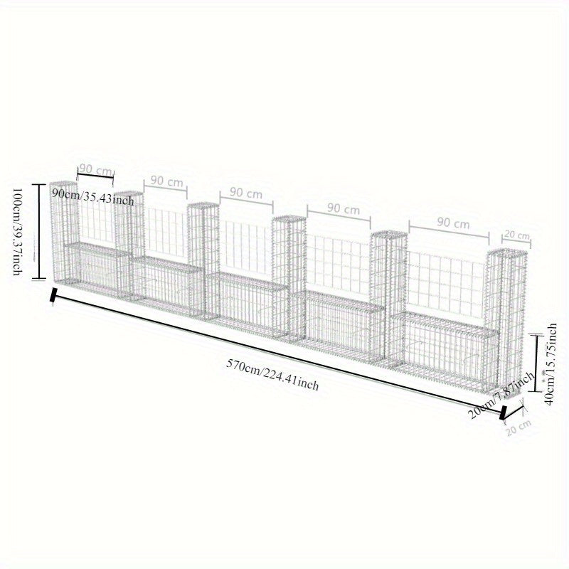 Gabion Mand – Gabion Wand – Steenkorf – Tuinmuur – Plantenbak – Zilver – Stalen U-Vorm – 570x20x100 cm – Weerbestendig & Duurzaam