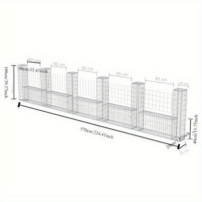 Gabion Mand – Gabion Wand – Steenkorf – Tuinmuur – Plantenbak – Zilver – Stalen U-Vorm – 570x20x100 cm – Weerbestendig & Duurzaam