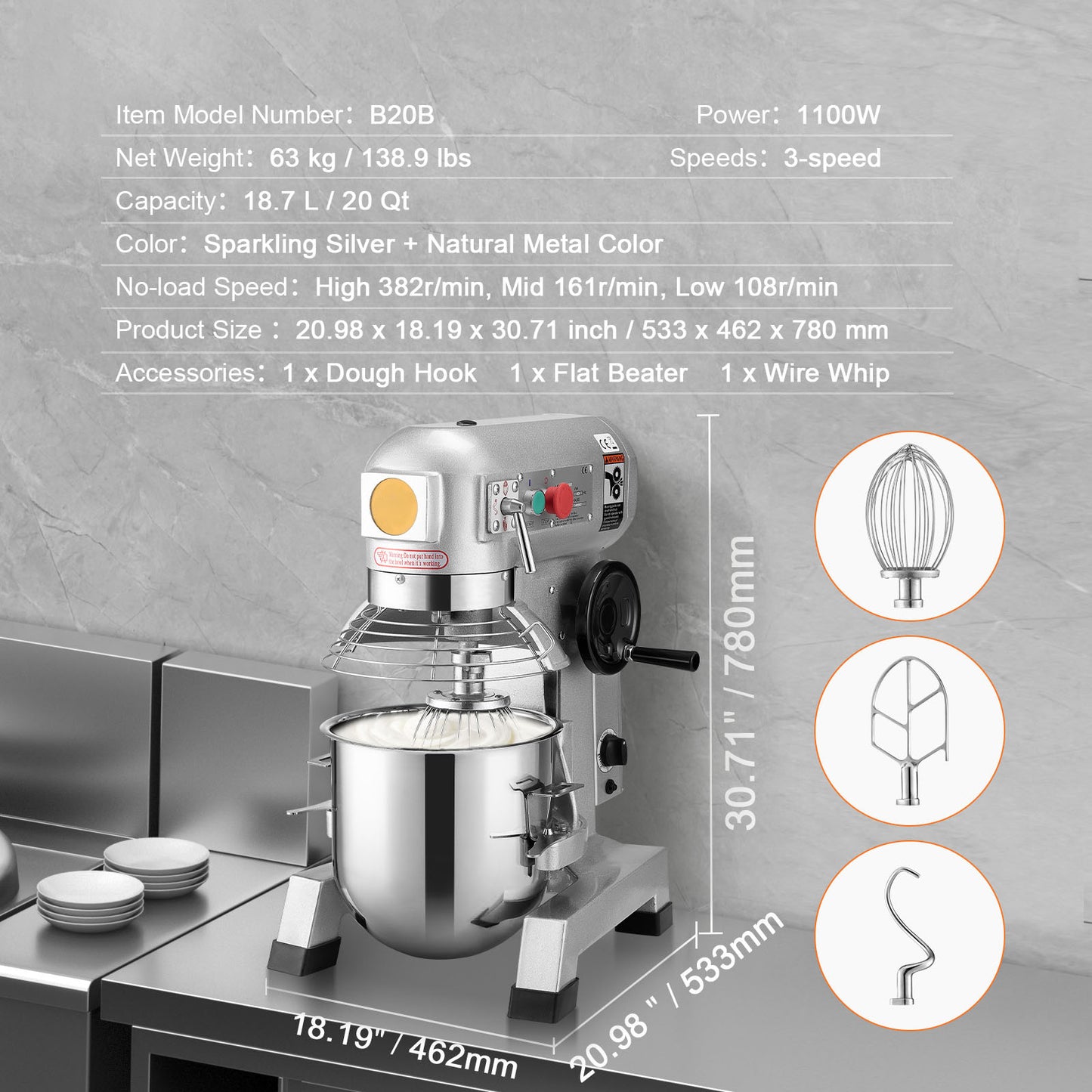 Professionele Keukenmixer – Krachtige Mixer – Keukenrobot - Deegkneder – Slagroomklopper – Mengmachine – 1100W Motor – 18,7L Mengkom