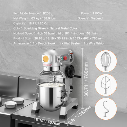Professionele Keukenmixer – Krachtige Mixer – Keukenrobot - Deegkneder – Slagroomklopper – Mengmachine – 1100W Motor – 18,7L Mengkom