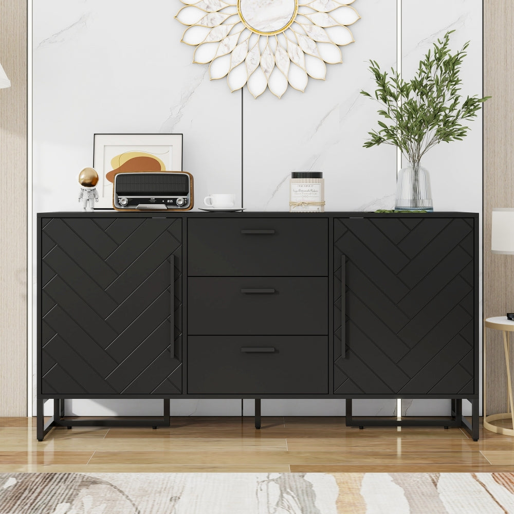 Dressoir – Buffetkast – Opbergkast – Ladekast – Kast – Wit Visgraatpatroon – 2 Deuren 3 Lades