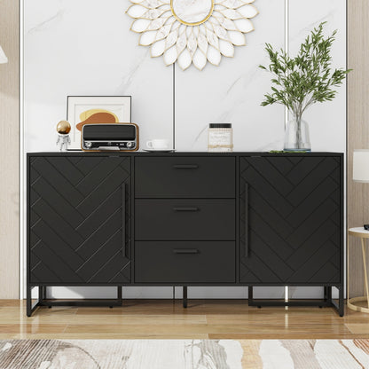 Dressoir – Buffetkast – Opbergkast – Ladekast – Kast – Wit Visgraatpatroon – 2 Deuren 3 Lades