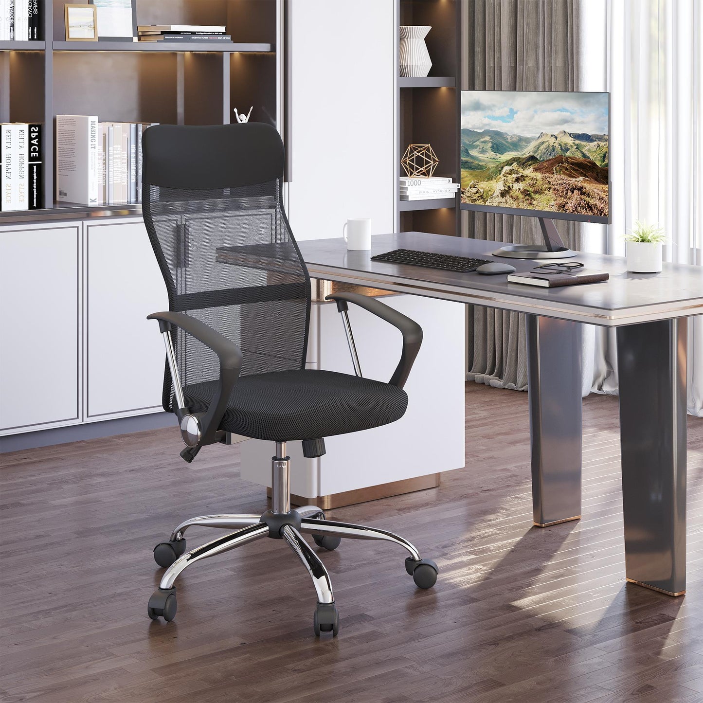 Bureaustoel – Ergonomische Stoel – Office Chair – Gamingstoel – Kantoorstoel – Verstelbare Zithoogte – Kantelfunctie – Ademend Mesh – Gevoerde Zitting – 360° Draaibaar – Zwart