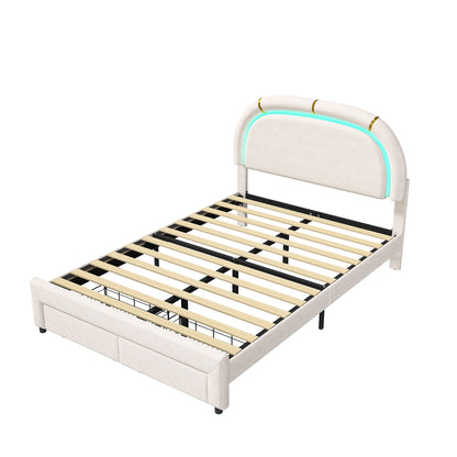 Upholstered Bed 140x200, Double Bed with Semi-Round Headboard, Adjustable Headboard, Storage Bed with 2 Drawers, Bed with Slatted Base, Single Bed, Beige