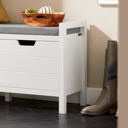 Schoenenkastje – Schoenopberger – Schoenbankje – Schoenenrek – Halmeubel – Wit – MDF Met Houten Poten – Afneembaar Grijs Zitkussen – Draagvermogen 100 kg