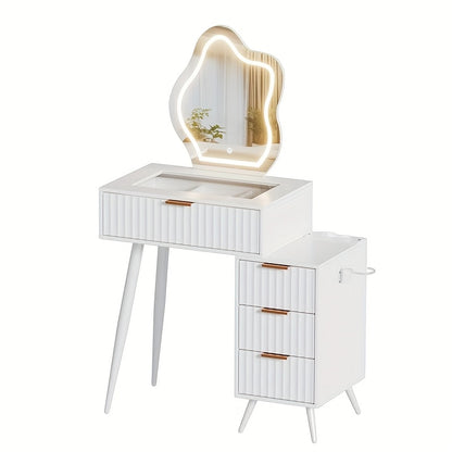 Make-up Tafel – Visagie Tafel – Schoonheidstafel – Kaptafel – Dressing Tafel – Wit – 4 Laden – Onregelmatige Spiegel – Glazen Blad – Föhnhouder – 80x40x128 cm – Houten Materiaal