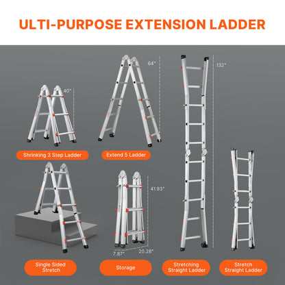 Telescopische A-Frame Ladder – Uittrekbare Ladder – Vouwladder – Multi-inzetbare Ladder – Compacte Klimladder – Aluminium – 288 cm Hoogte – Draagkracht 150 kg