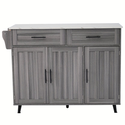 Eettafelkar – Dressoir – Opbergkast – Keukenwagen – Serveerwagen – Uitbreidbaar Marmeren Blad – Mobiel Met Wielen – Khaki Grijs Houtnerf – Massief Houten Poten