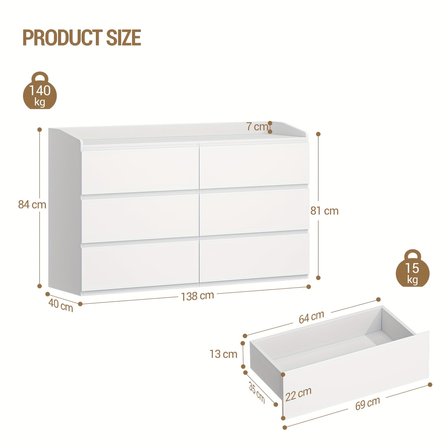 Commode – Ladekast – Dressoir – Opbergkast – Kast – Wit – 6 Lades – Hoogwaardig Spaanplaat – 138x40x84 cm