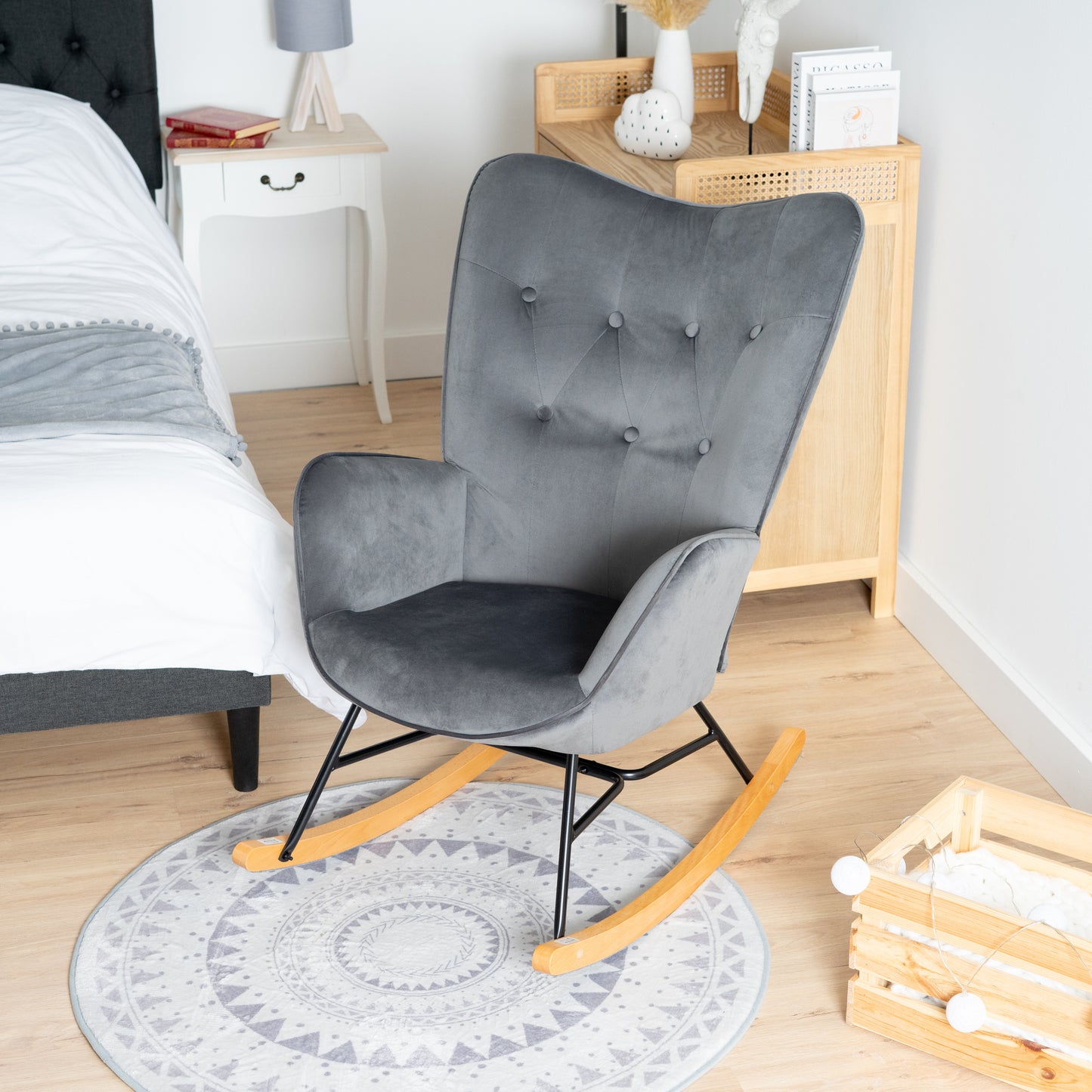 Draaifauteuil – Fauteuil – Relaxstoel – Leunstoel – Schommelstoel – Fluweel Grijs – Hoog Rugleuning – Houten Poten