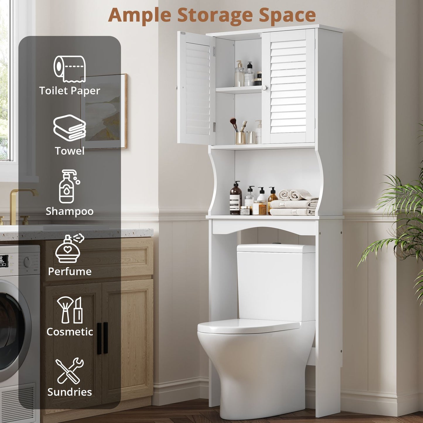 White Over the Toilet Storage Cabinet | 3-Tier Adjustable Shelves, Double Louvered Doors, Freestanding Hardwood Bathroom Organizer for Space-Saving Storage, Classic Style