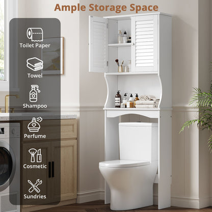 White Over the Toilet Storage Cabinet | 3-Tier Adjustable Shelves, Double Louvered Doors, Freestanding Hardwood Bathroom Organizer for Space-Saving Storage, Classic Style