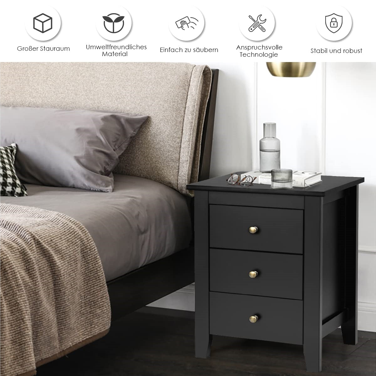 Nachtkastje – Bedside Table – Nachtkastjes – Opbergkastje – Bijzettafeltje – 2-Delige Set – 3 Lades – Mat Zwart – MDF & Multiplex – Compact 46x37x65 cm – Hoge Draagkracht 30 kg