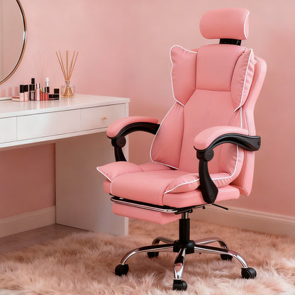 Gamingstoel – Bureaustoel – Computestoel – Gamerstoel – Werkstoel – Verstelbare Voetensteun – Ergonomische Lendensteun – Roze PU Leder – 360° Draaibaar