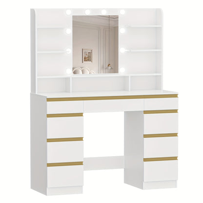 Dressing Table, 3 Colors, Adjustable Brightness, Large HD Mirror, 1 Large Drawer And 8 Small Drawer Cabinets, 9 Open Shelves, White