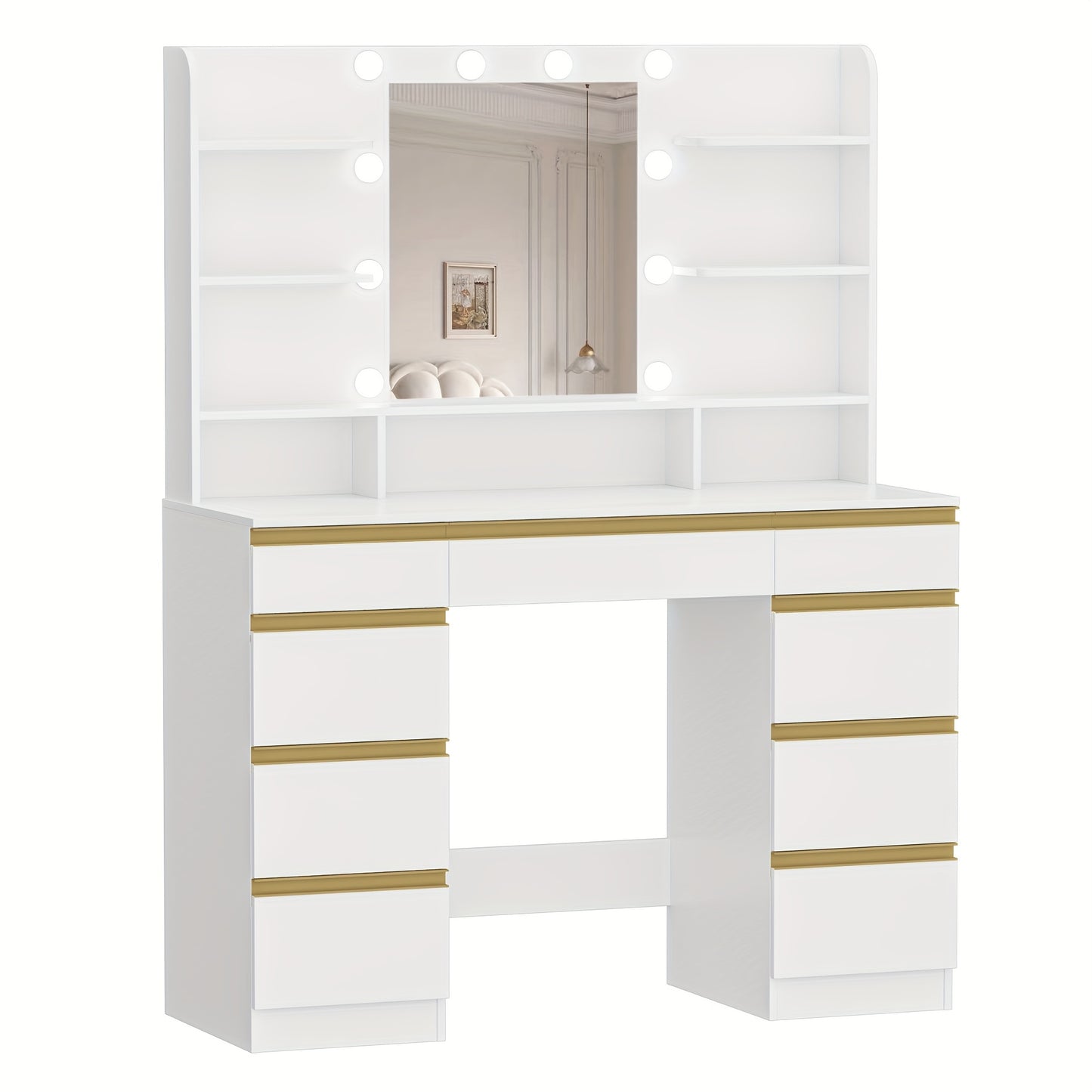Kaptafel – Make-uptafel – Toillet – Verzorgingstafel – Slaapkamertafel – Wit met Gouden Accenten – Verstelbare Verlichting – Grote HD-Spiegel – Veel Opbergruimte