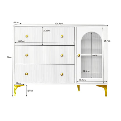 Sideboard – Dressoir – Opbergkast – Kast Met Laden – Sideboard Wit – Hardhout – Glazen Deur – Textuurfront – Gouden Handgrepen – Vrijstaand En Stevig