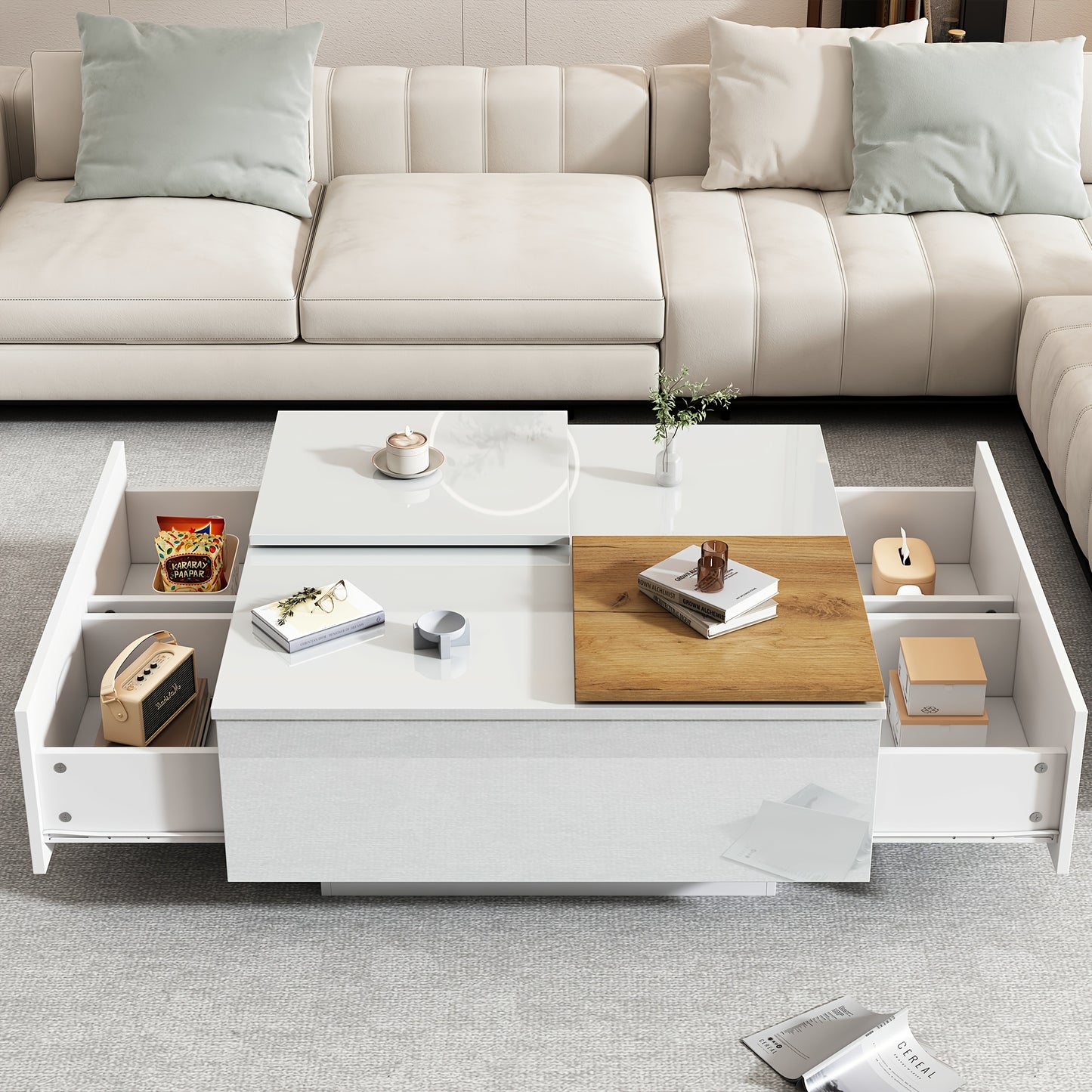 Salontafel – Koffietafel – Woonkamertafel – Bijzettafel – Tafel – Hoogglans Wit – Vierkant – Schuifbaar Tafelblad – Houten Opbergruimte