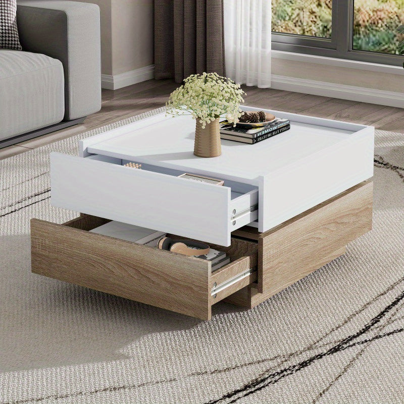 Salontafel – Koffietafel – Woonkamertafel – Draaibare Tafel – Opbergtafel – 360° Draaibaar Bovenblad – Walnoot Frame Met Wit Tafelblad