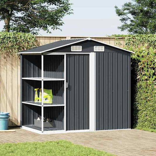 205x130x183cm Removable Anthracite Iron Garden House with Shelves - Heavy-Duty Outdoor Storage Shed, Portable Garden Storage Warehouse with Shelves