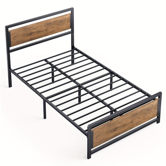 Bedframe – Bedbodem – Platformbed – Eenpersoonsbed – Slaapbank – Metaal & Hout – 120x200 cm – 35 cm Opbergruimte Onder Bed – Stevig En Geluidsarm – Eenvoudige Montage – Retro Bruin