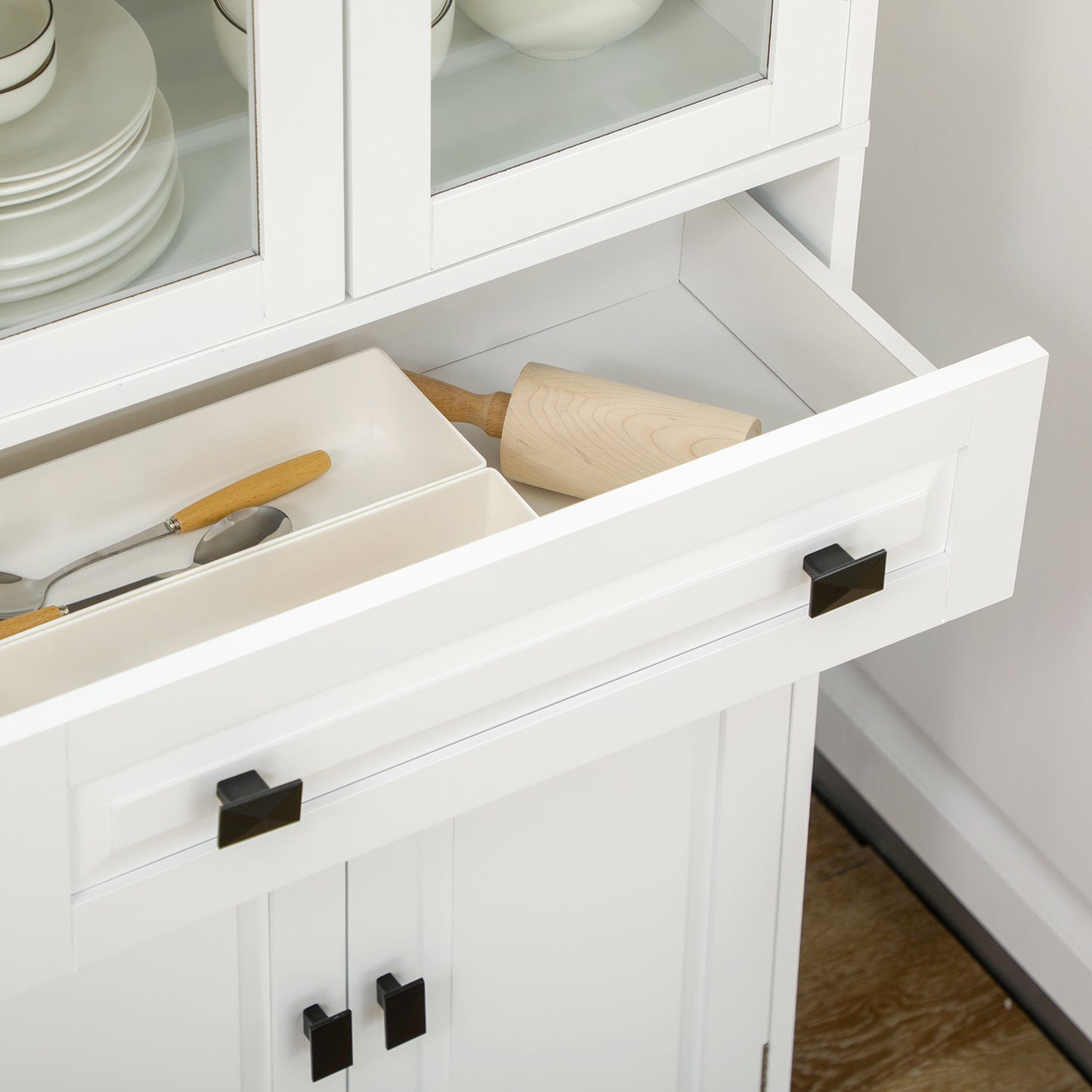 Buffetkast – Hoge Keukenkast – Opbergkast – Dressoir – Wandkast – Wit – MDF Hout – 160 cm Hoog – 2 Glasdeuren & Lade