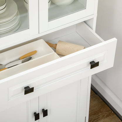 Buffetkast – Hoge Keukenkast – Opbergkast – Dressoir – Wandkast – Wit – MDF Hout – 160 cm Hoog – 2 Glasdeuren & Lade