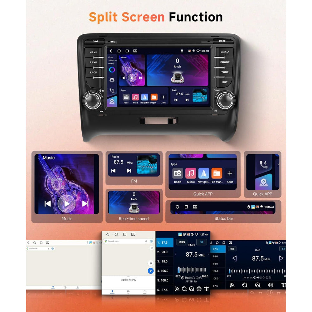 PODOFO [4+64G] Android 15 7-inch for Audi TT MK2 8J 2006-2014, Wireless Carplay/Android Auto, Android EQ AI DSP/GPS/WiFi/BT5.0/FM/Mirror Link+Backup Camera+Mic, A Perfect Gift for Dad and Drivers, Merry Christmas Gifts, Black