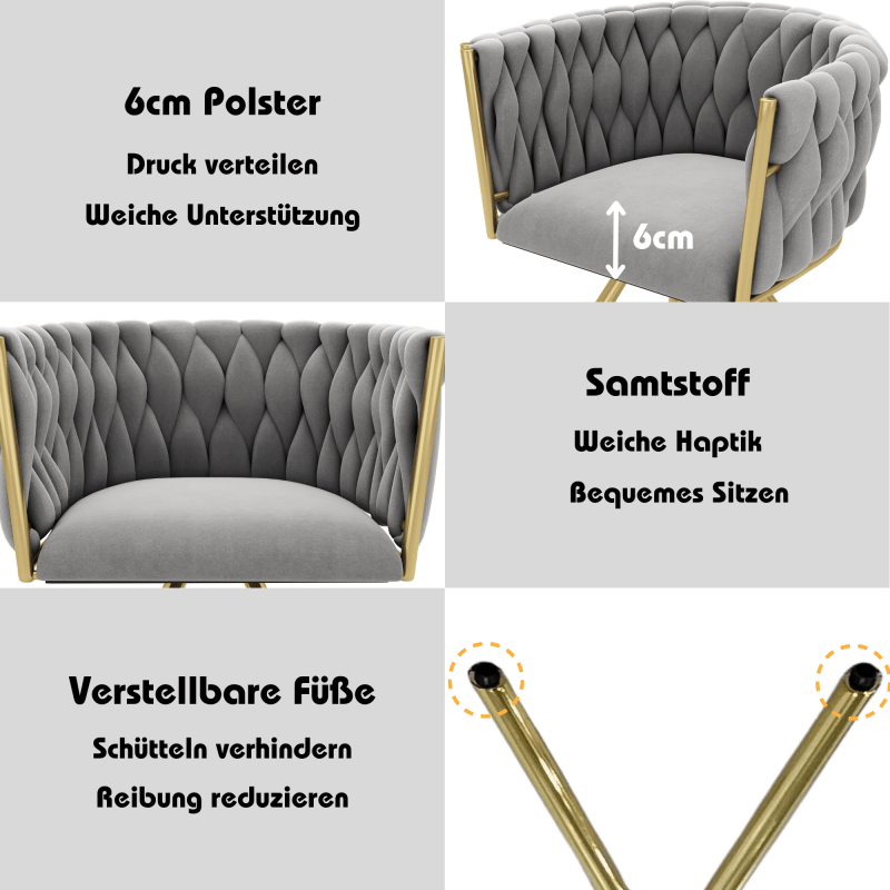 Velvet Stoelen – Eetkamerstoelen – Woonkamerstoelen – Luxe Stoelen – Design Stoelen – Set Van 4 – Zachte Grijze Velvet Bekleding – Metalen Gouden Poten
