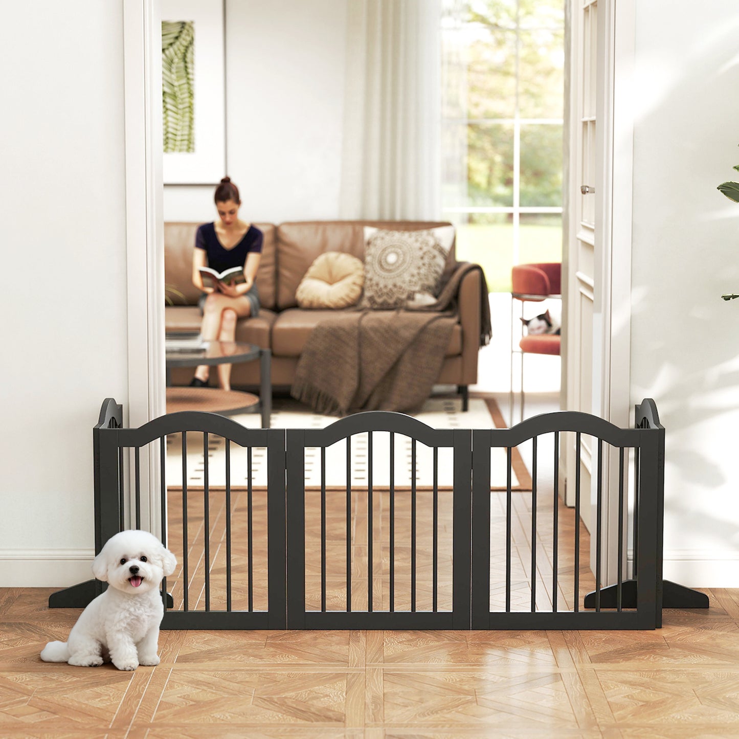 Barrier Grid Dog Free-Standing Protective Grid with Feet, Collapsible Dog Grid, 5 Panels, 261.5 X 29.5 X 61 Cm, Black