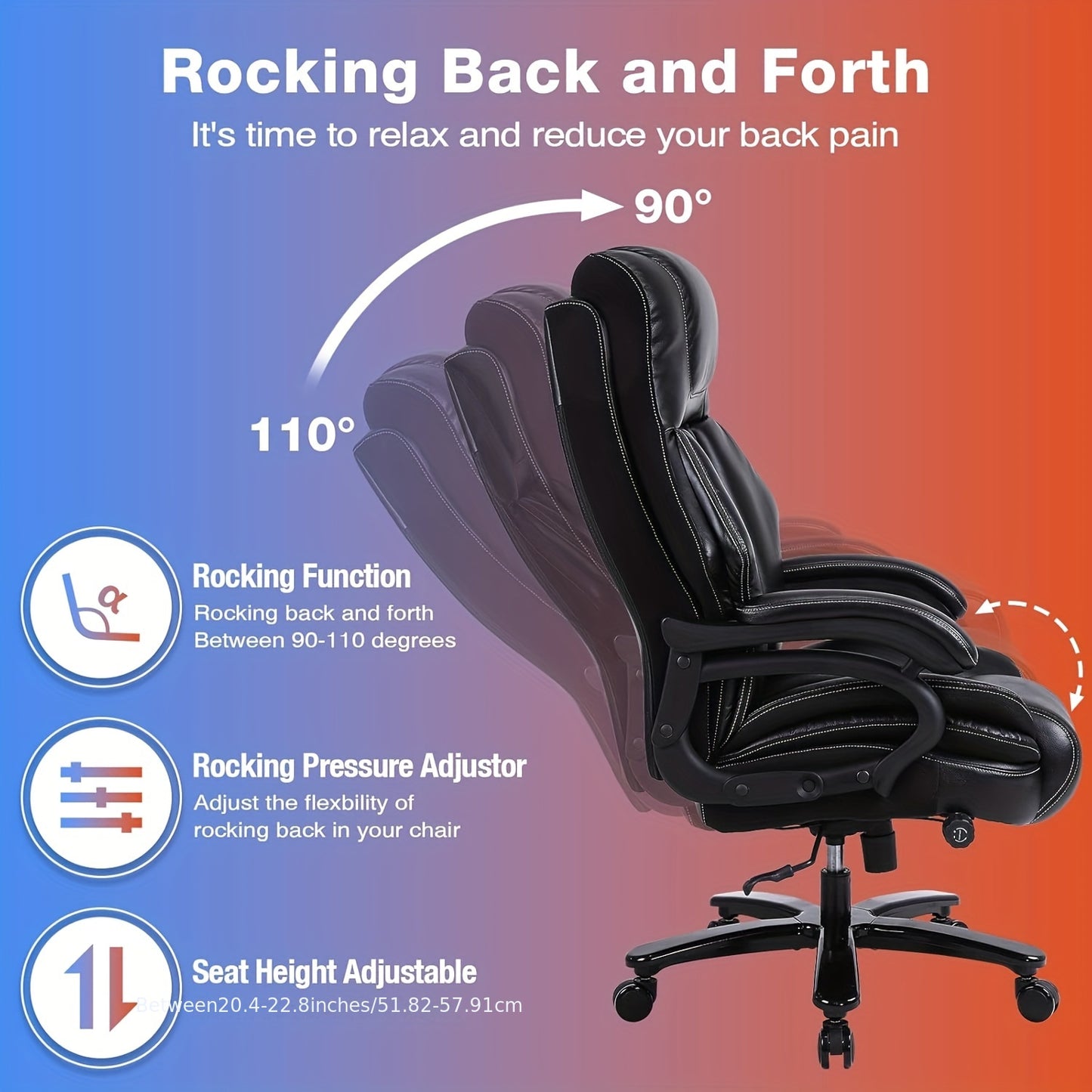 Bureaustoel – Office Chair – Draaistoel – Desk Chair – Executive Chair – Ergonomisch – Hoog Draagvermogen 200 kg – Verstelbare Lendensteun – Leder Zwart