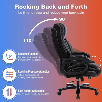 Bureaustoel – Office Chair – Draaistoel – Desk Chair – Executive Chair – Ergonomisch – Hoog Draagvermogen 200 kg – Verstelbare Lendensteun – Leder Zwart