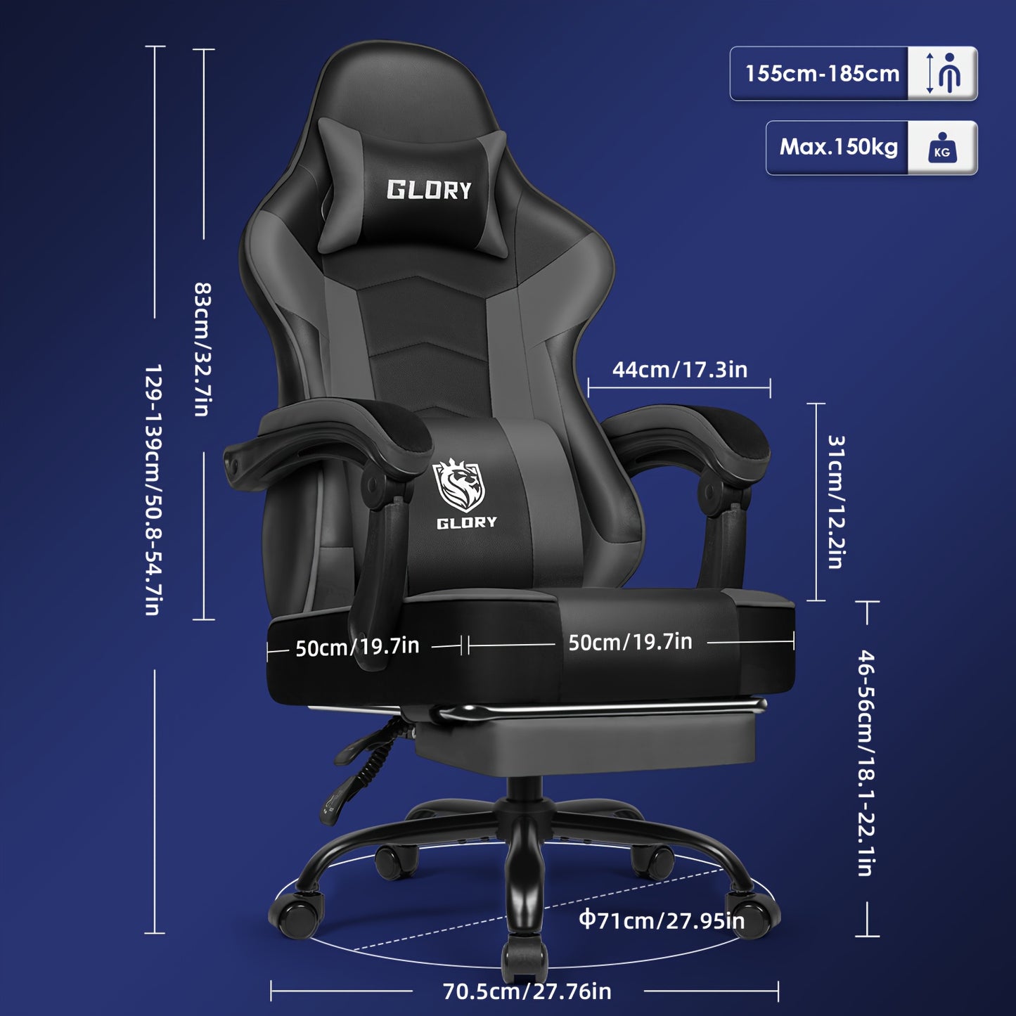 Gaming Chair with Footrest, Ergonomic Gaming Chair, Gaming Armchair with Adjustable Lumbar Cushion Equipped with An Adjustable Lumbar Support And Headrest, 360° Swivel And Designed for A Weight Of Up to 200kg.