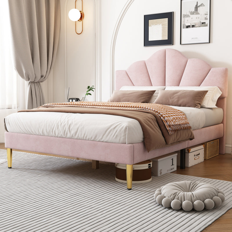 Gestoffeerd Tweepersoonsbed – Bed – Slaapbed – Platformbed – Velvet Bed – Roze Velvet Bekleding – Verstelbaar Hoofdeinde – Gouden Metalen Pootjes