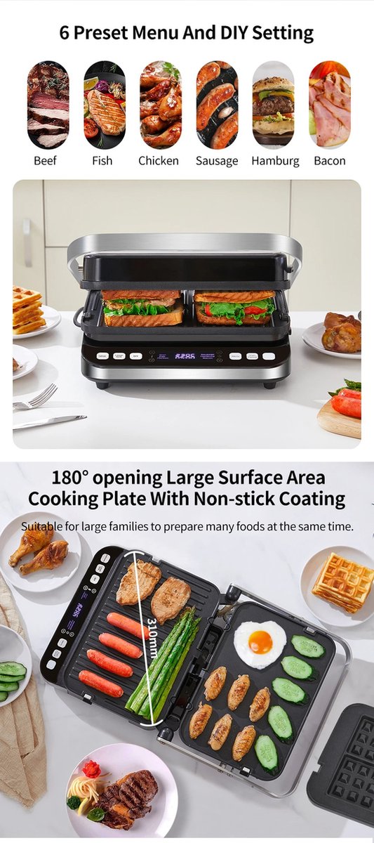 Contactgrill -Tosti apparaat - Bakplaat - 6-in-1 - 2000W - Uitneembare platen - Extra groot - Anti aanbak - 180° uitklapbaar - Snel schoon